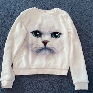 Fuzzy, cat face, sweater. Girls size 10-12